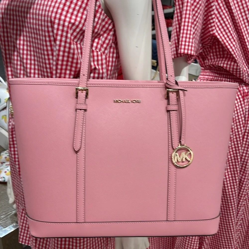MICHAEL KORS Jet Set Travel Lg Top Zip Shoulder Tote Saffiano Leather Carnation